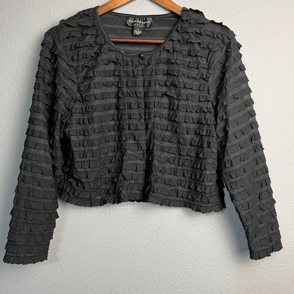 Connected Apparel Black Ruffle Trim Semi Sheer Long‎ Sleeve Cropped Cardigan XL